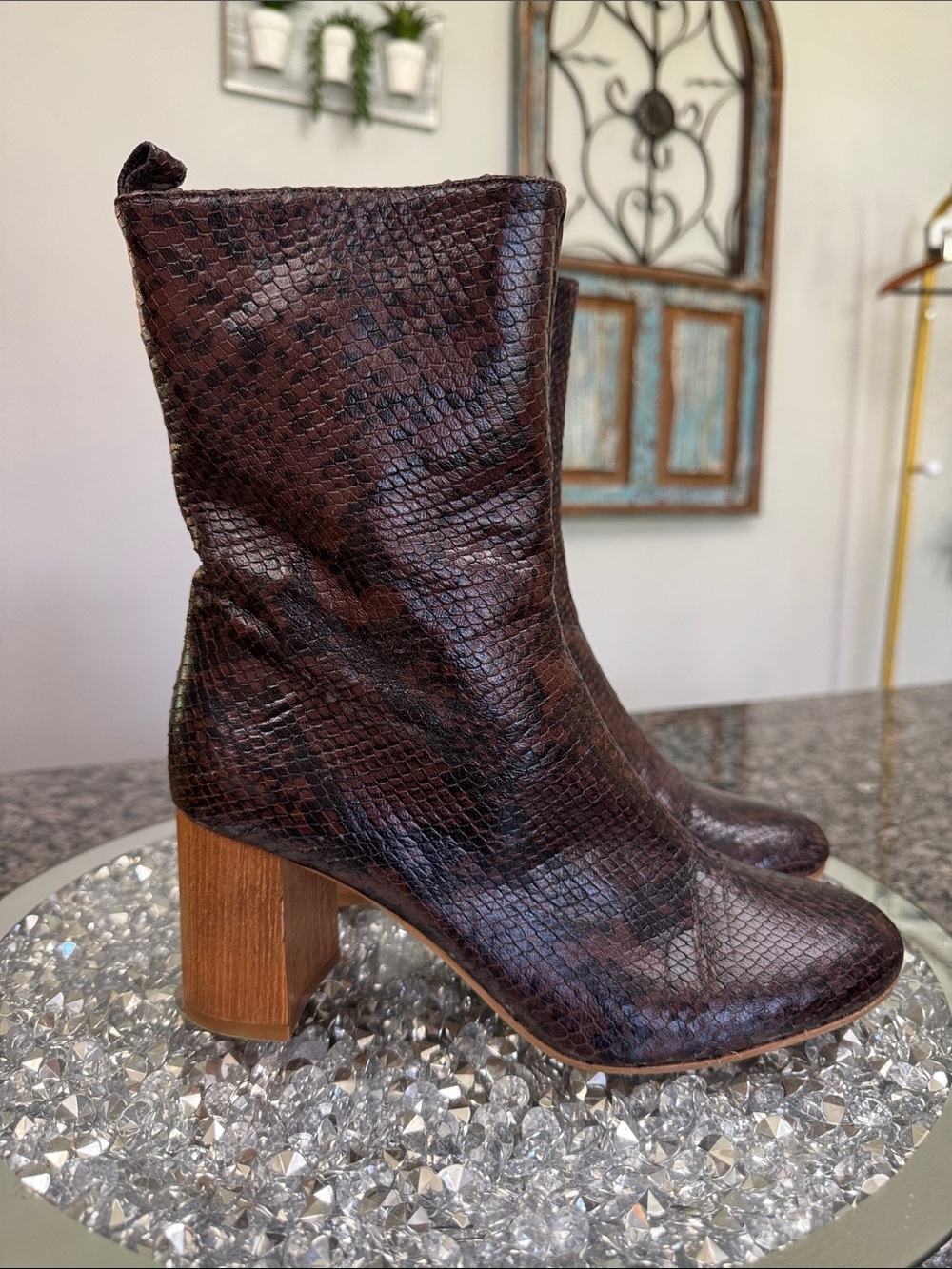 Anne Klein leather Brown Snake-Print Block Heel Ankle Boots 8.5